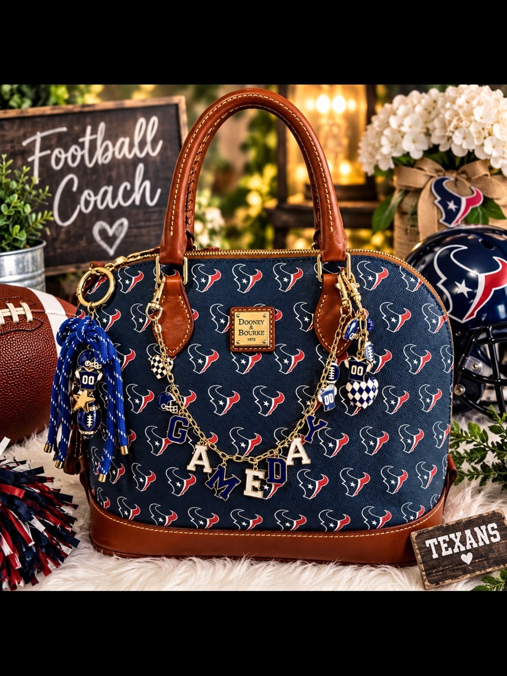 Dooney & Bourke Navy Houston Texans Logo Dome Satchel with Brown Trim
